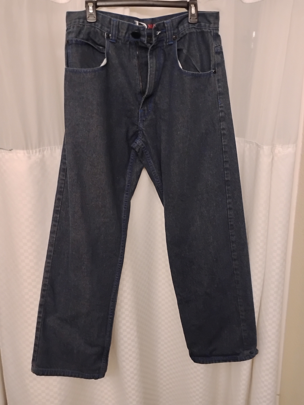 D-MAX Jeans Mens 34x34 Dark Wash Embroidered Back Pockets Blue Contrast Stitch Y